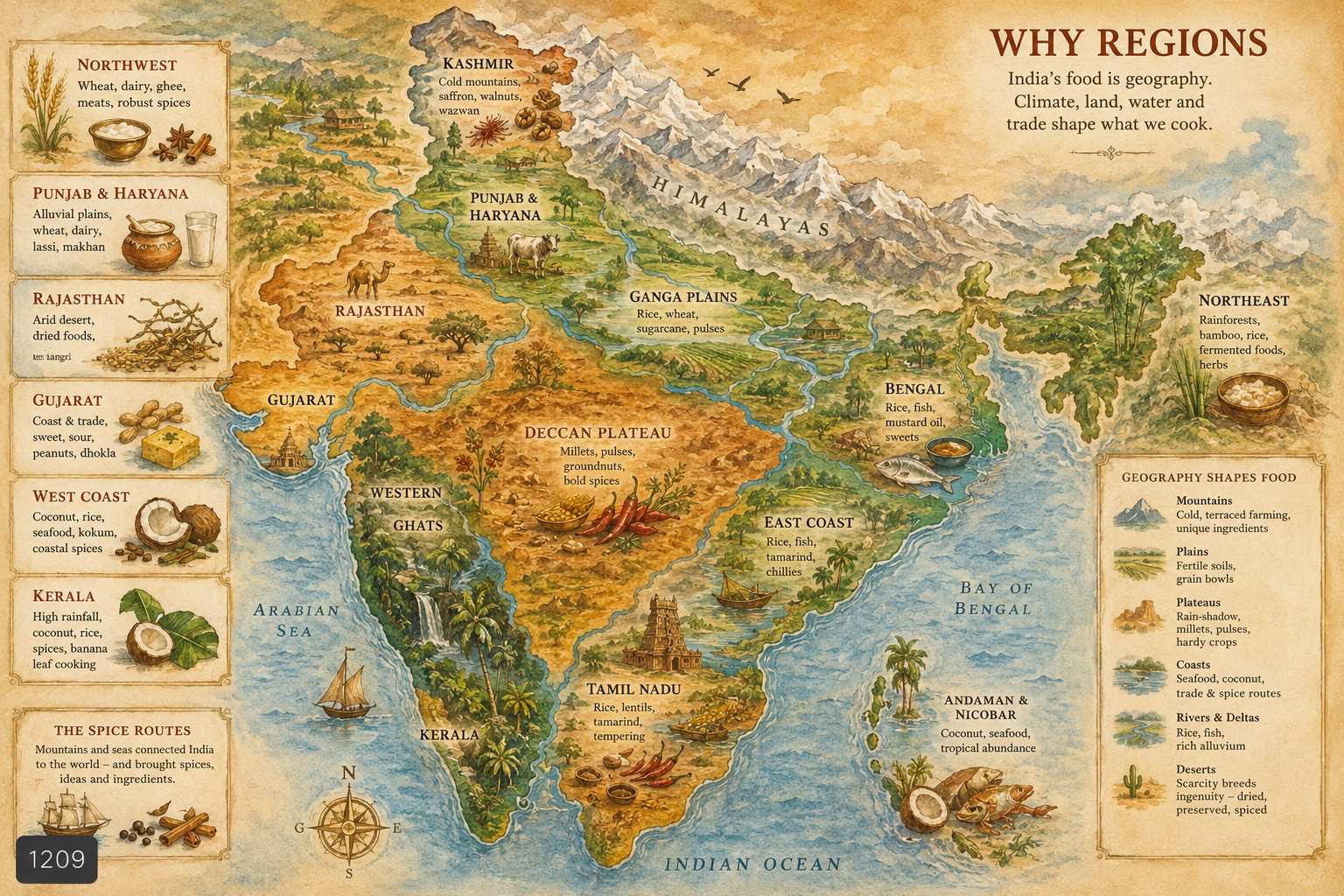 Map of India showing the seven forces operating across different regions — climate zones, religion concentrations, trade routes, and cooking fat traditions