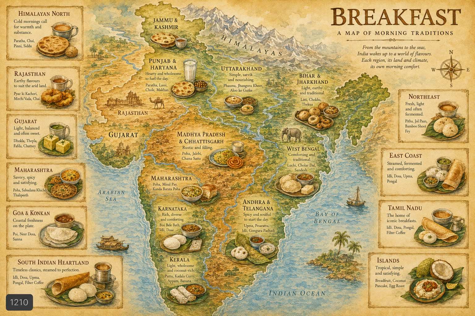 Map of India showing regional breakfast traditions by city and region