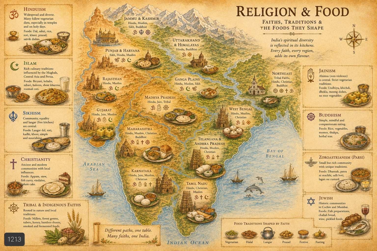 Map of India showing dominant religious food traditions by region