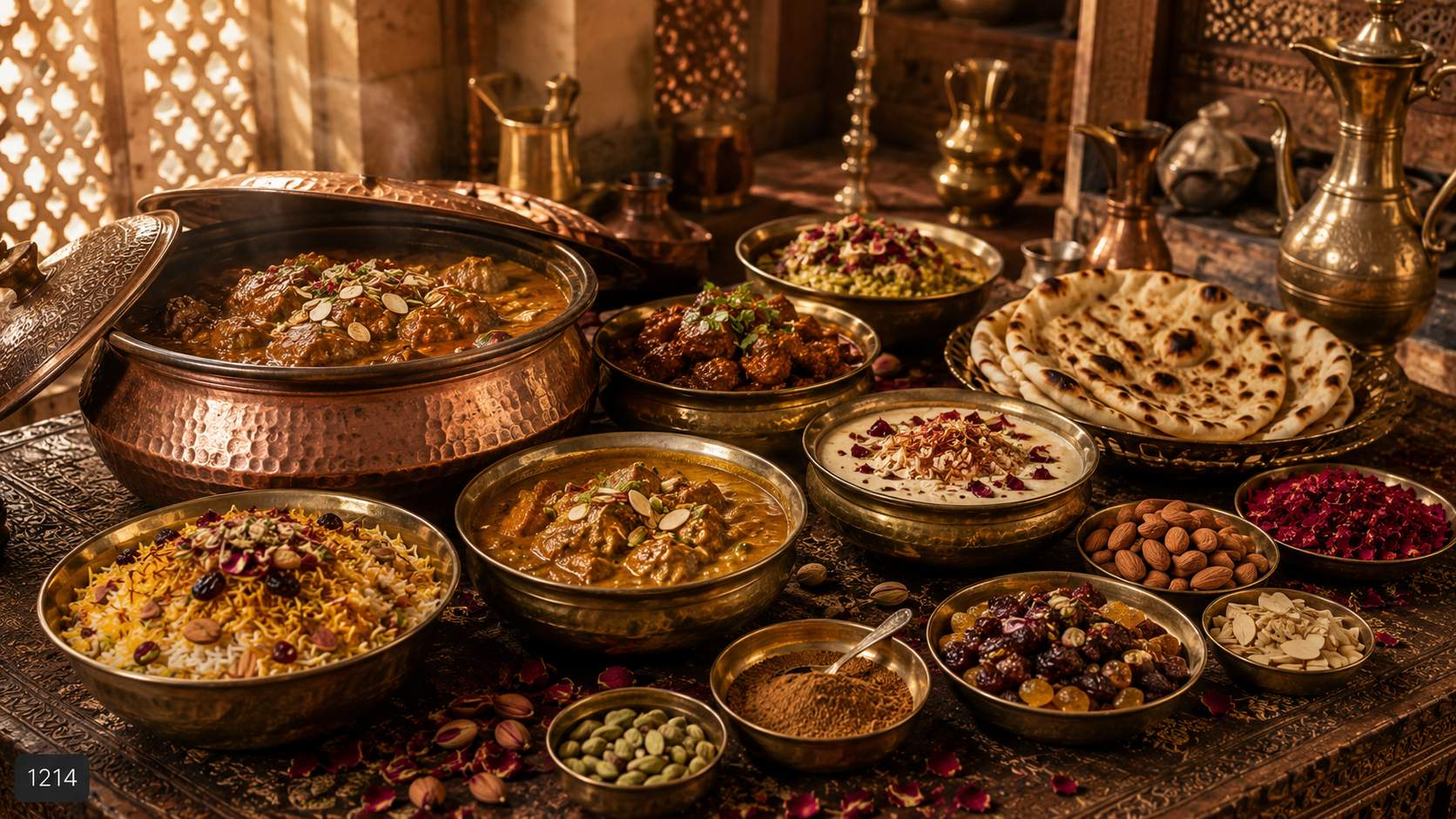 Mughal court food tradition — biryani, kebab, dum cooking in sealed vessel