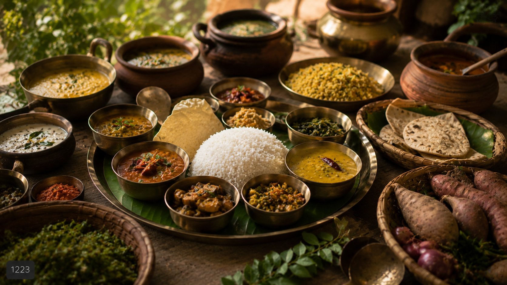 South Indian banana leaf thali with rice sambhar rasam kootu poriyal payasam pappadom