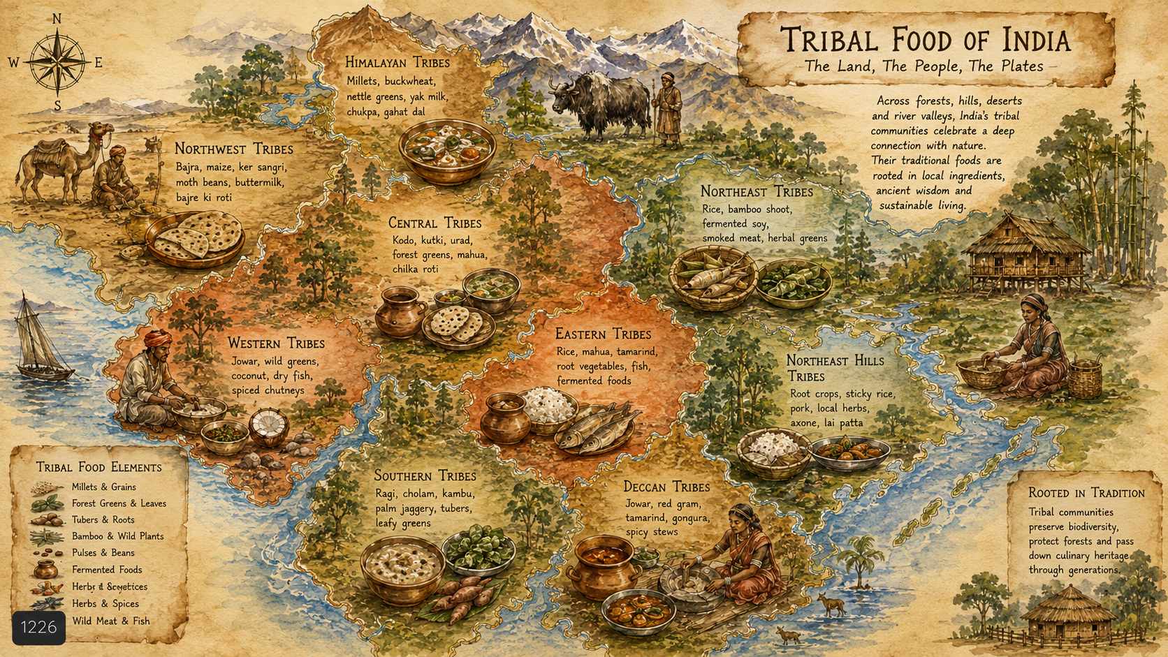 Map of India showing major tribal food regions — Northeast eight states, Central India belt, Western Ghats, Andaman Islands