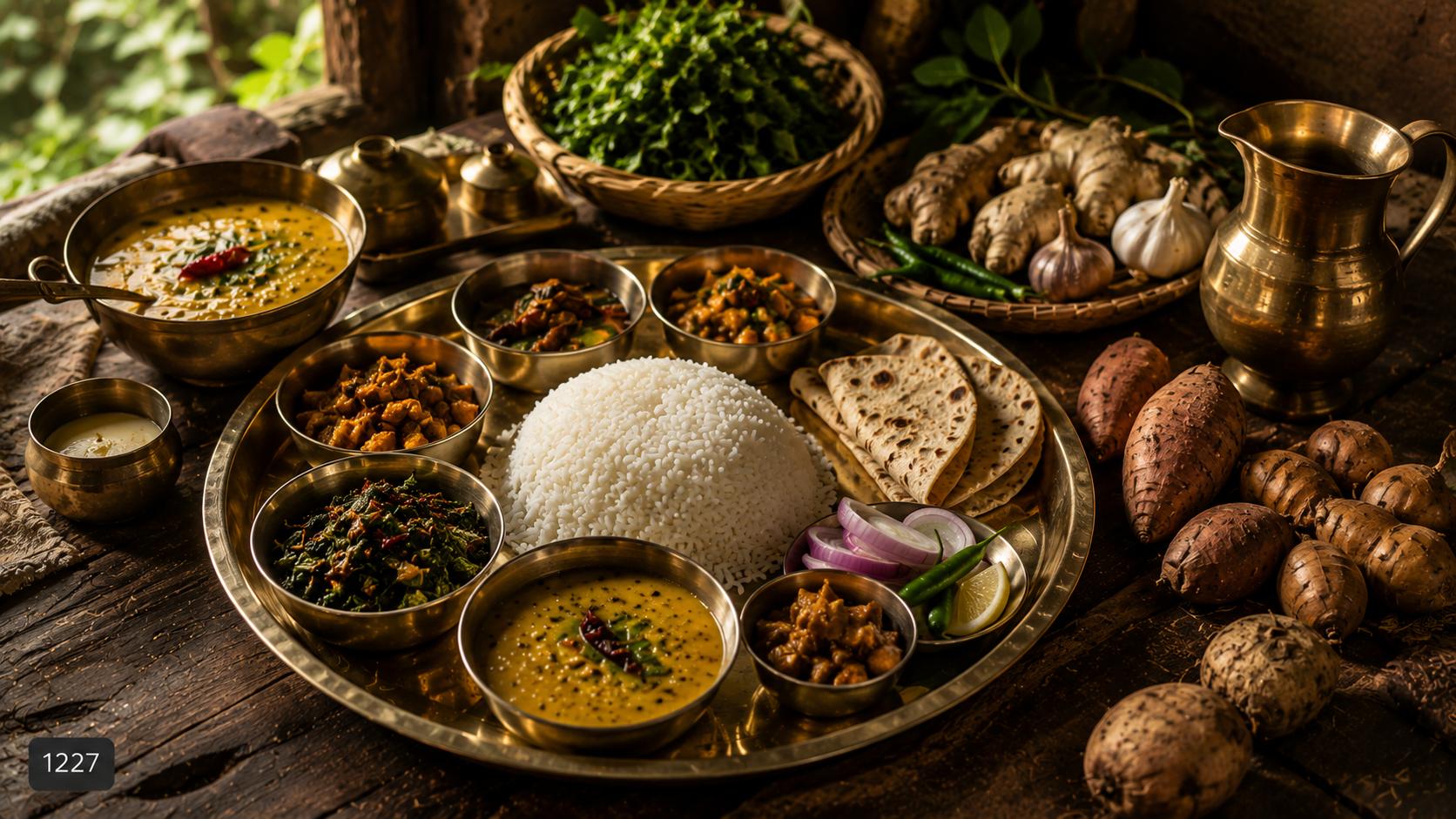 Map of India's five climate zones — tropical coastal, semi-arid Deccan, arid desert, fertile plains, and highland — each producing a distinct food culture