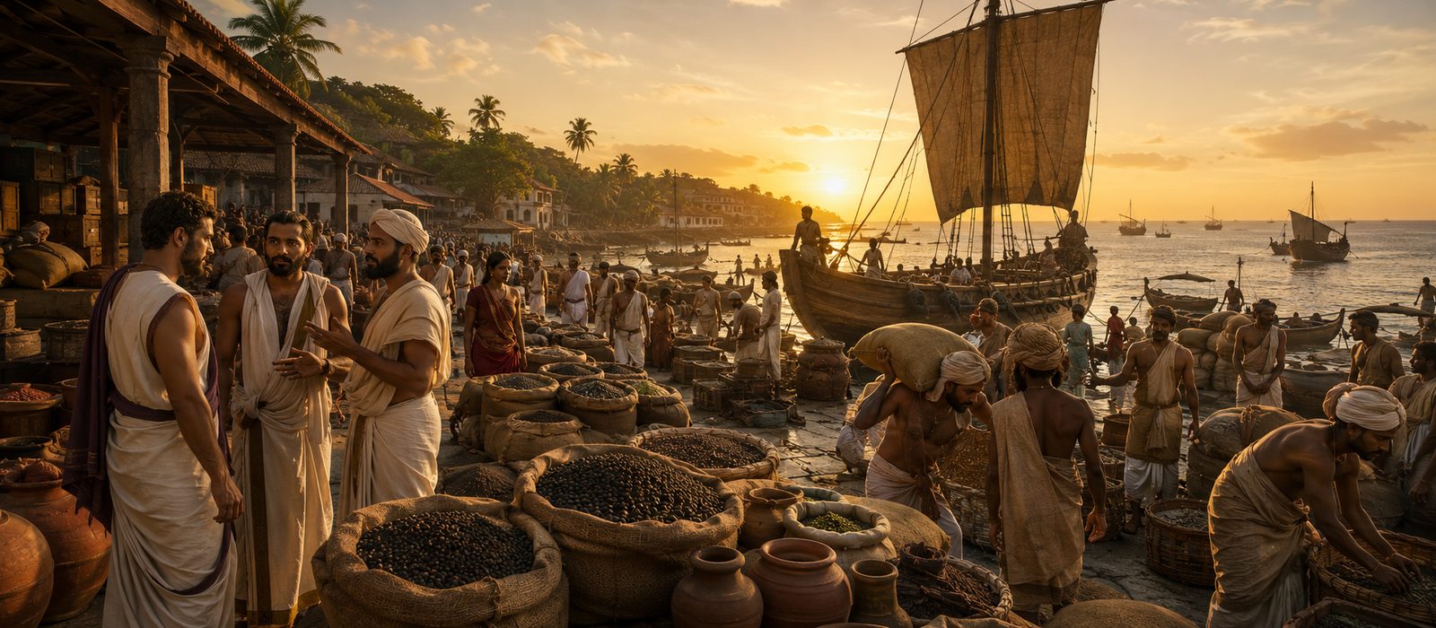 Ancient spice merchants loading pepper at Muziris port