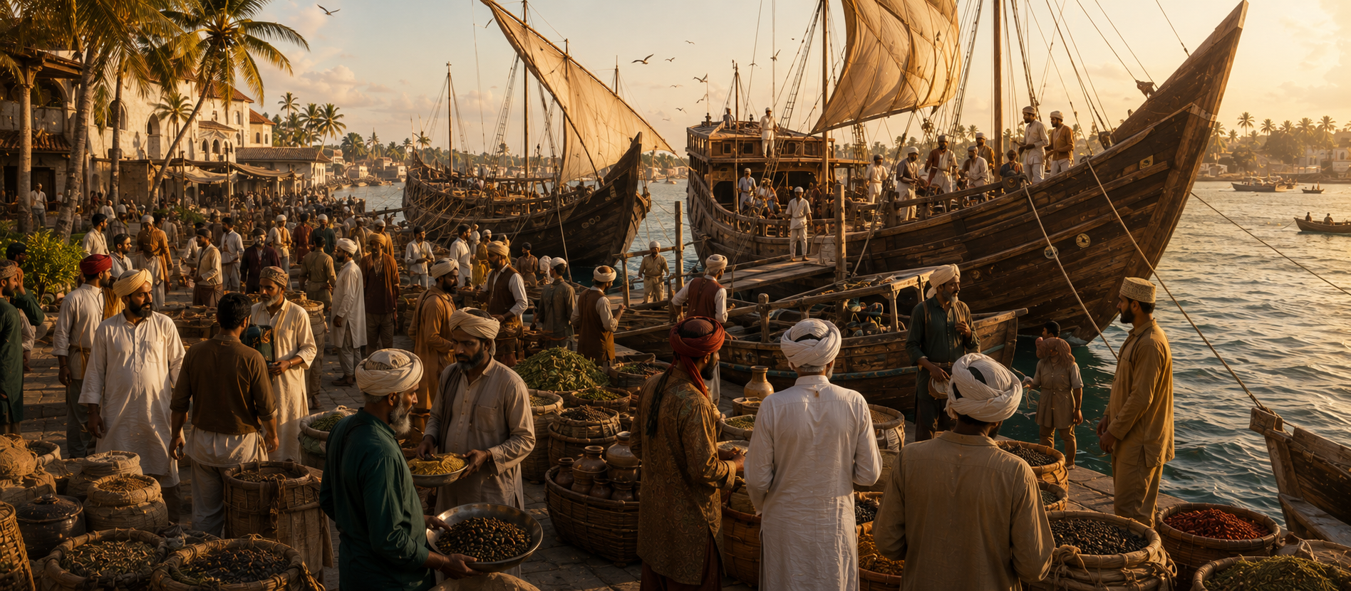 Arab and Indian merchants trading at a Malabar port