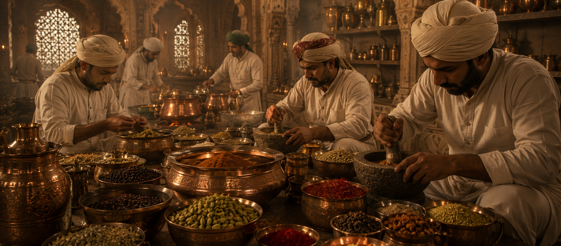 Mughal spice workshop preparing masala blends