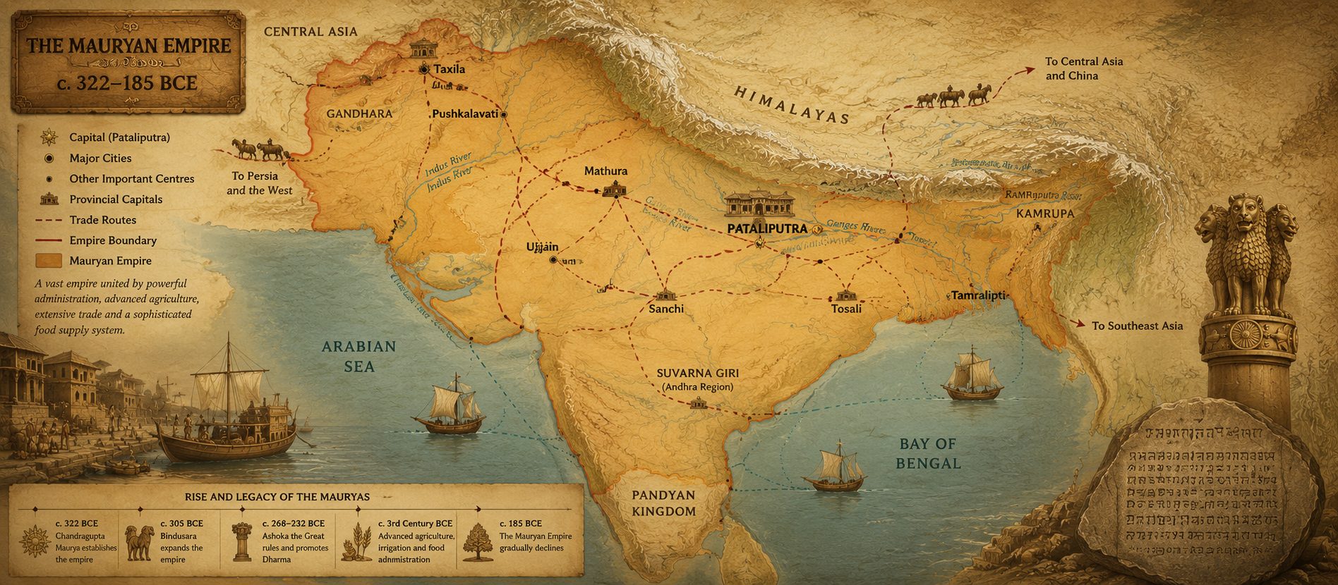 Map of the Mauryan Empire showing trade routes and food supply networks c.322–185 BCE