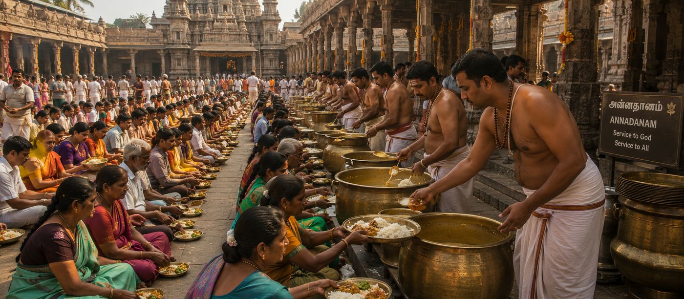 Temple kitchen feeding thousands of pilgrims daily