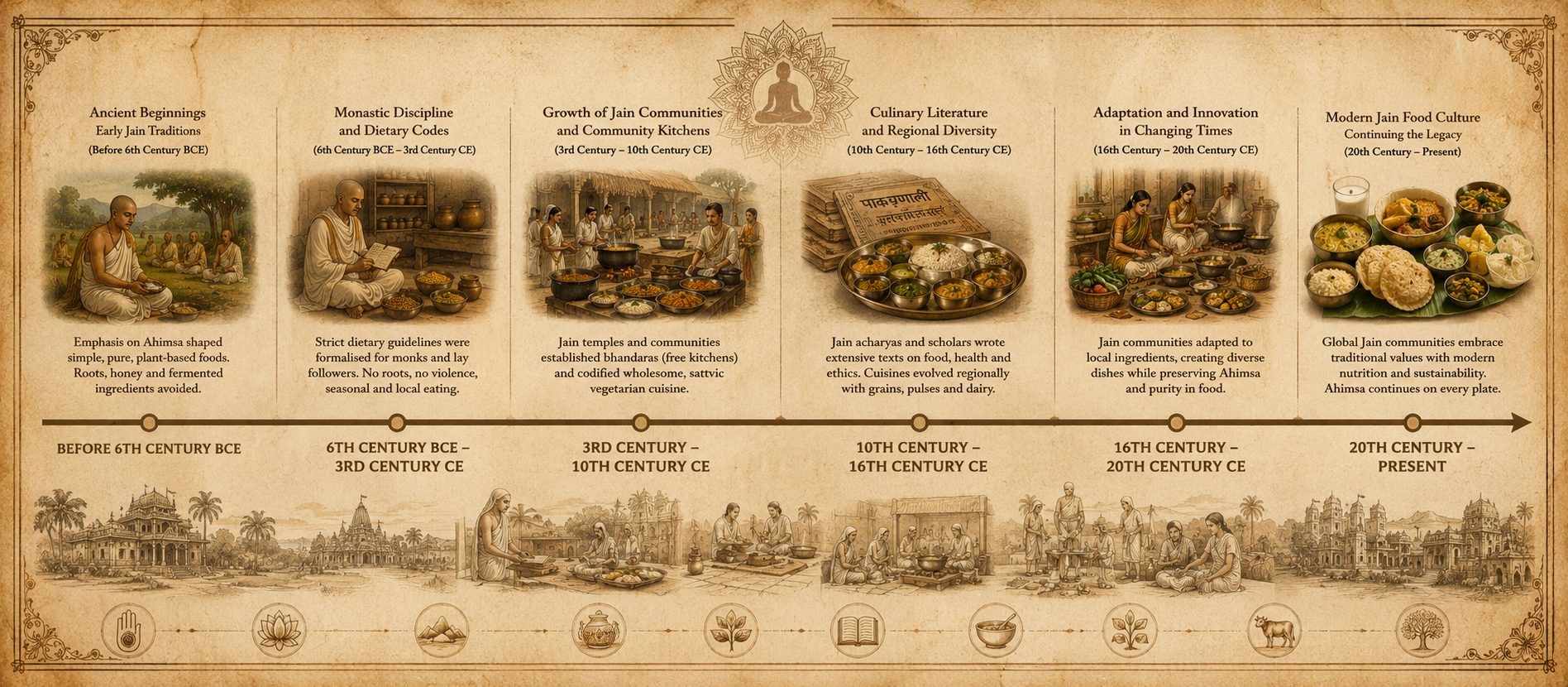 Timeline of Jain food traditions from Mahavira 6th century BCE to present