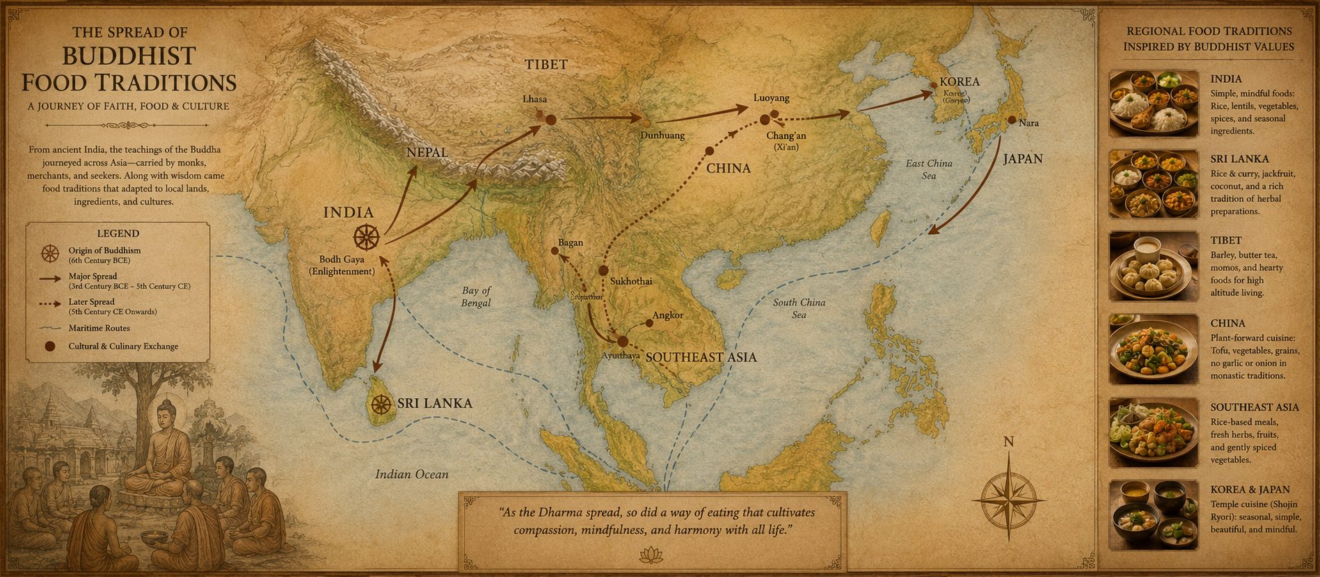 Buddhist food traditions spread across Asia map