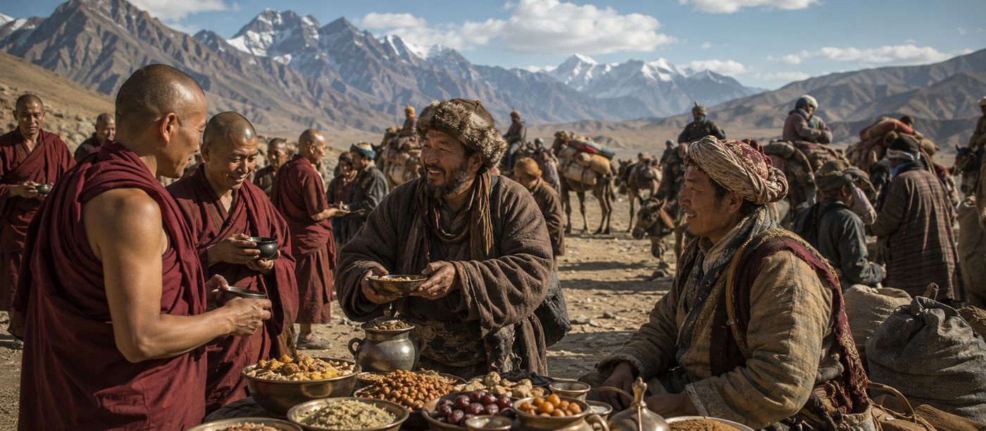 Buddhist monks on the Silk Road food exchange
