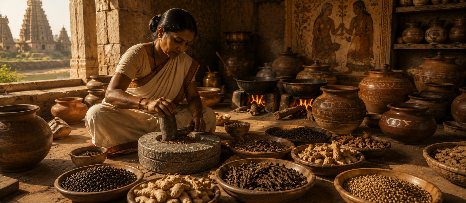 Ancient Indian kitchen scene — cook preparing food with pepper, ginger and mustard before chillies existed
