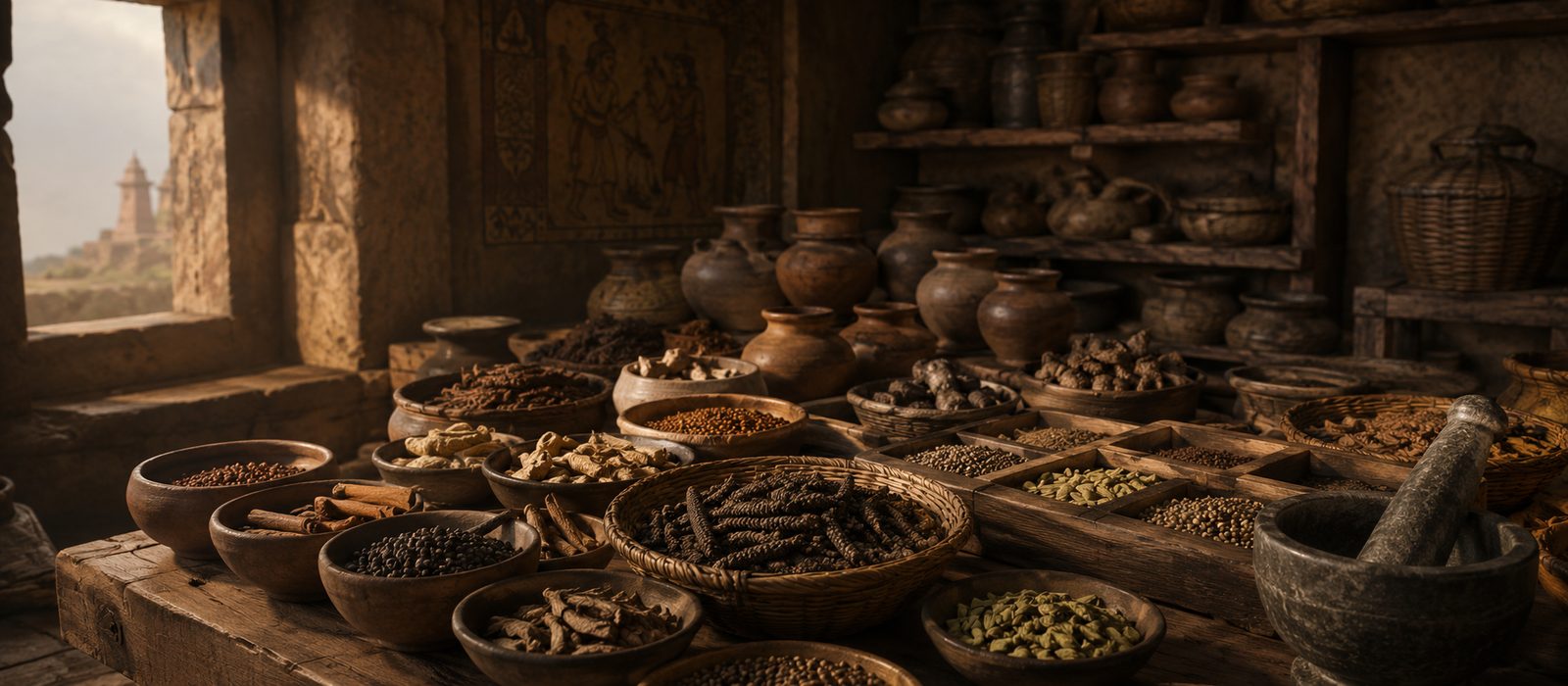 Ancient Indian spice box showing black pepper, long pepper, ginger and mustard — the heat sources before chillies