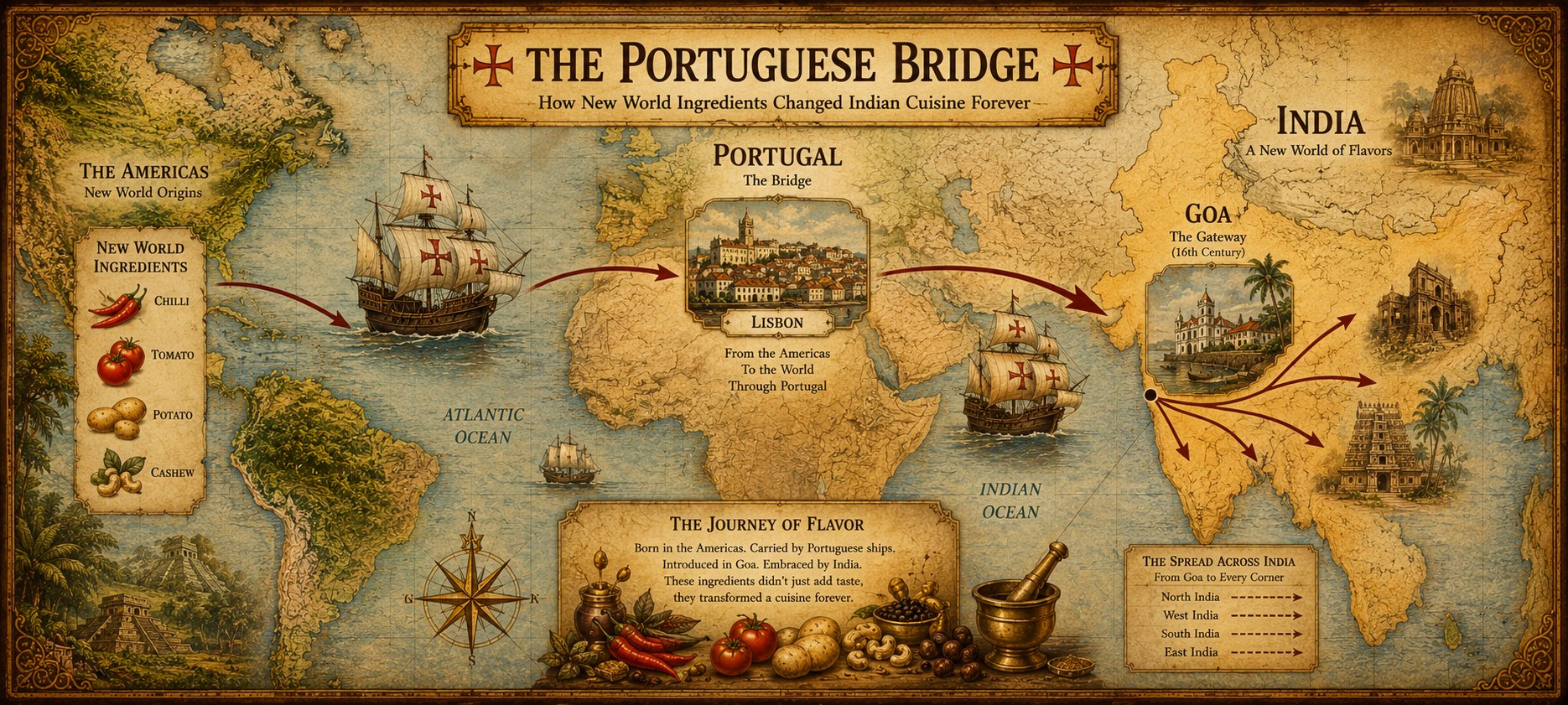 Map showing the spread of Portuguese-introduced ingredients from Goa across India