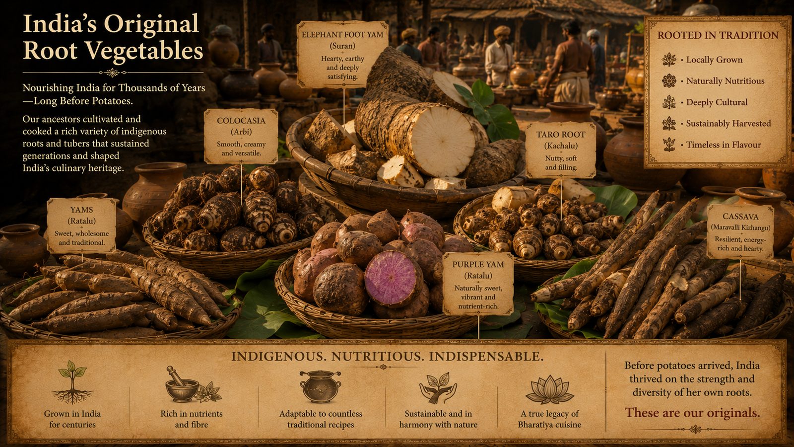 Ancient Indian vegetable basket — raw banana, yam, arbi, lotus root, jackfruit before potatoes