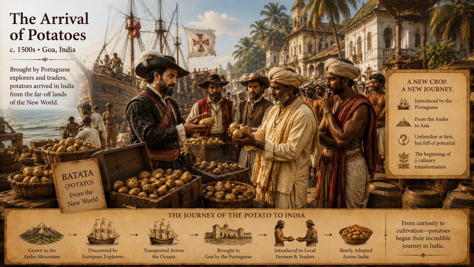 Map showing the potato's journey from the Andes via Portugal and Britain to India