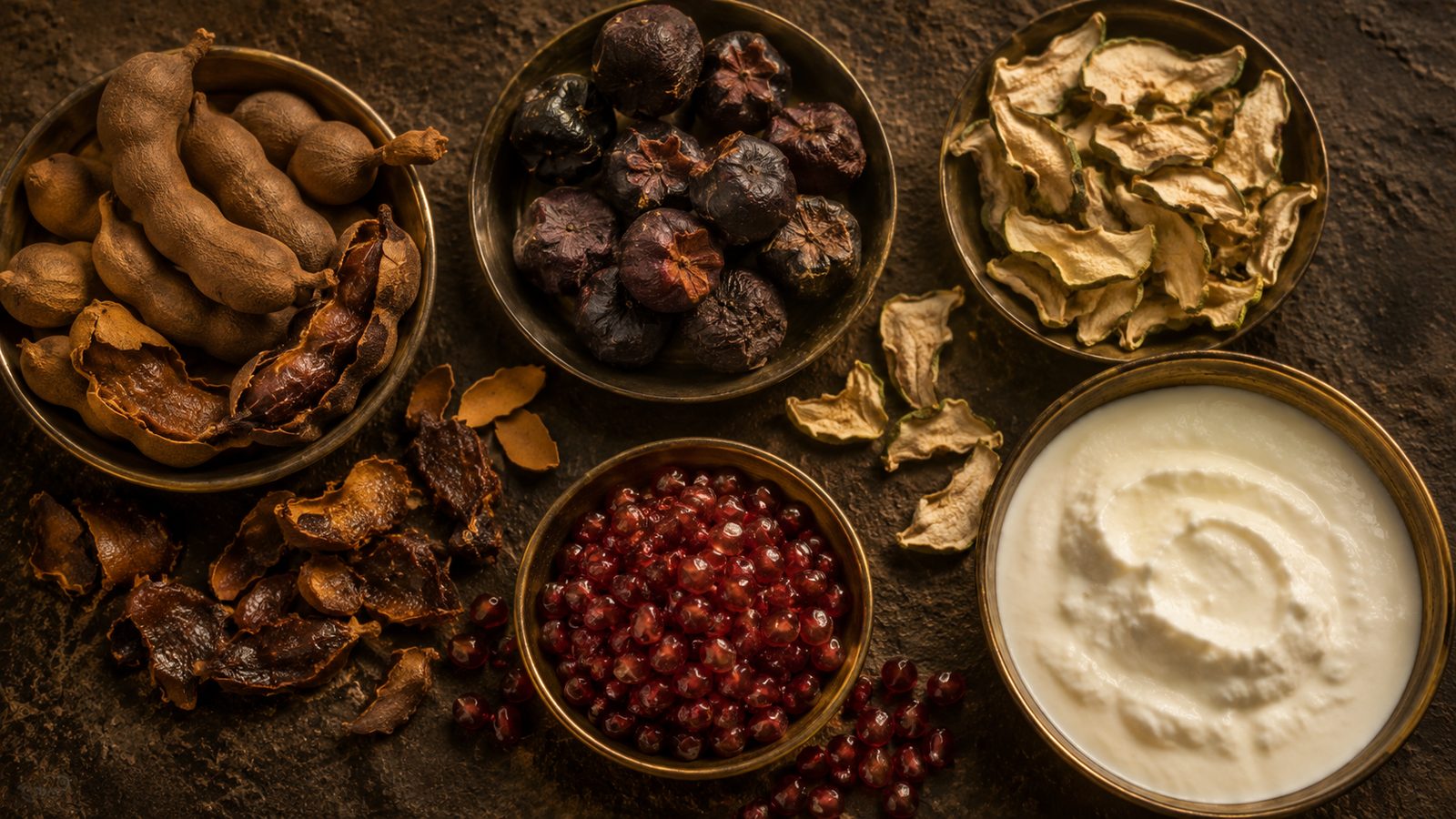 Ancient Indian souring agents — tamarind, kokum, amchur, pomegranate seeds, raw mango