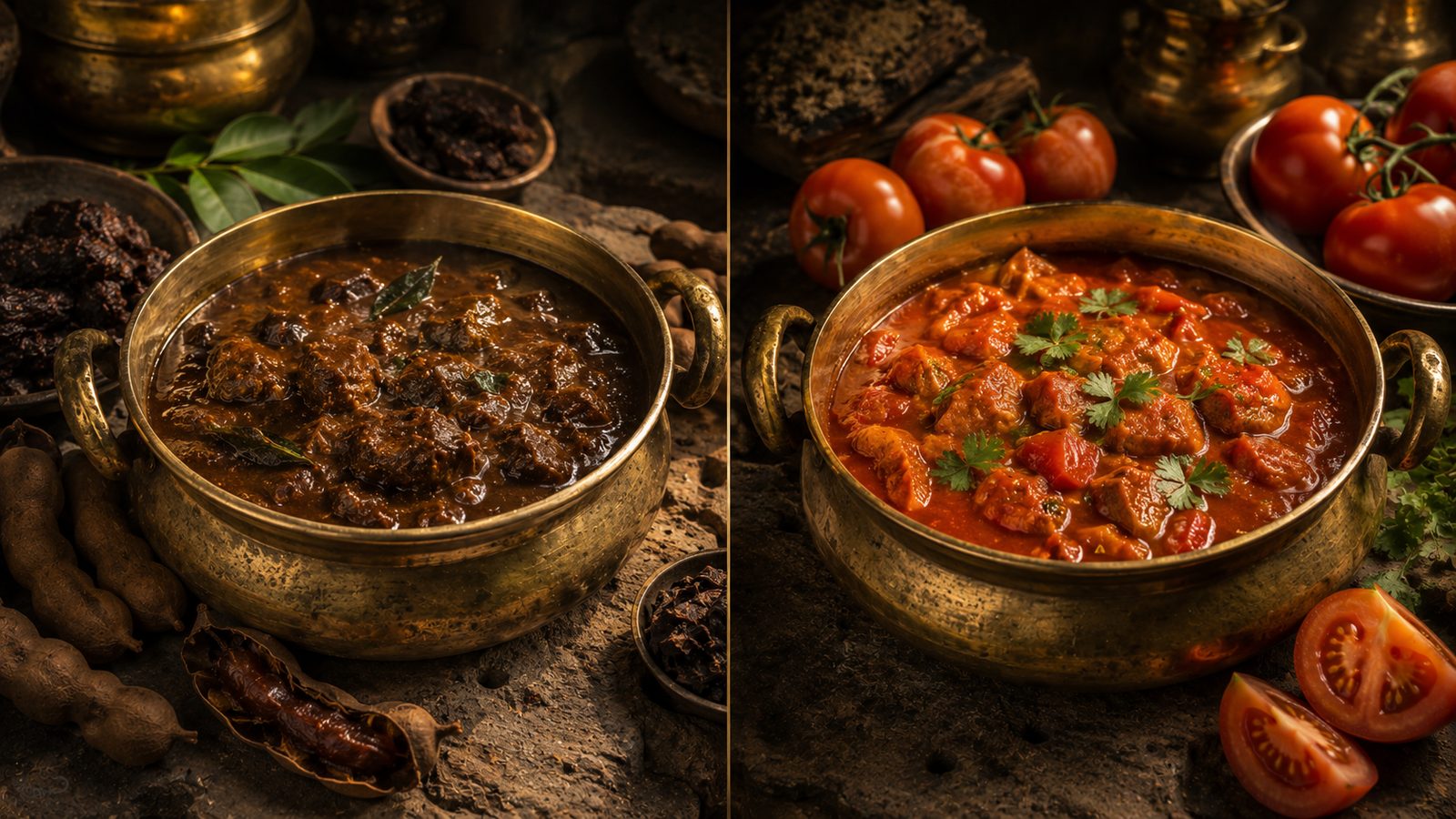 Before and after tomatoes — comparing tamarind curry and tomato curry side by side