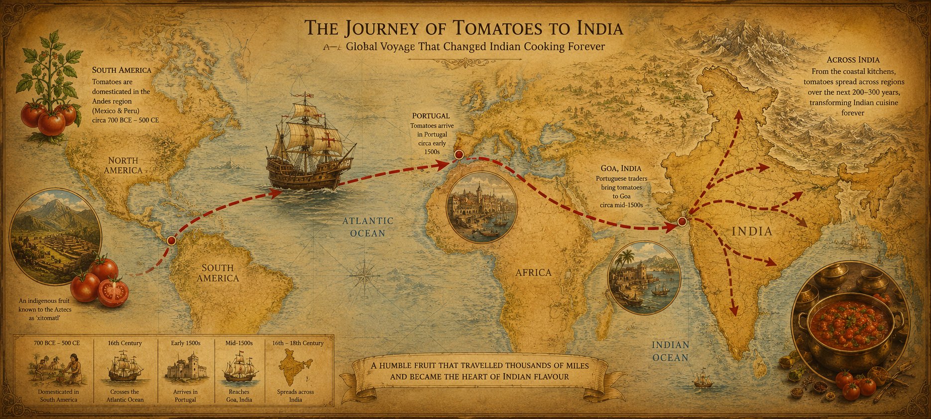 Map showing the tomato's journey from the Americas via Portugal to India and its regional adoption patterns