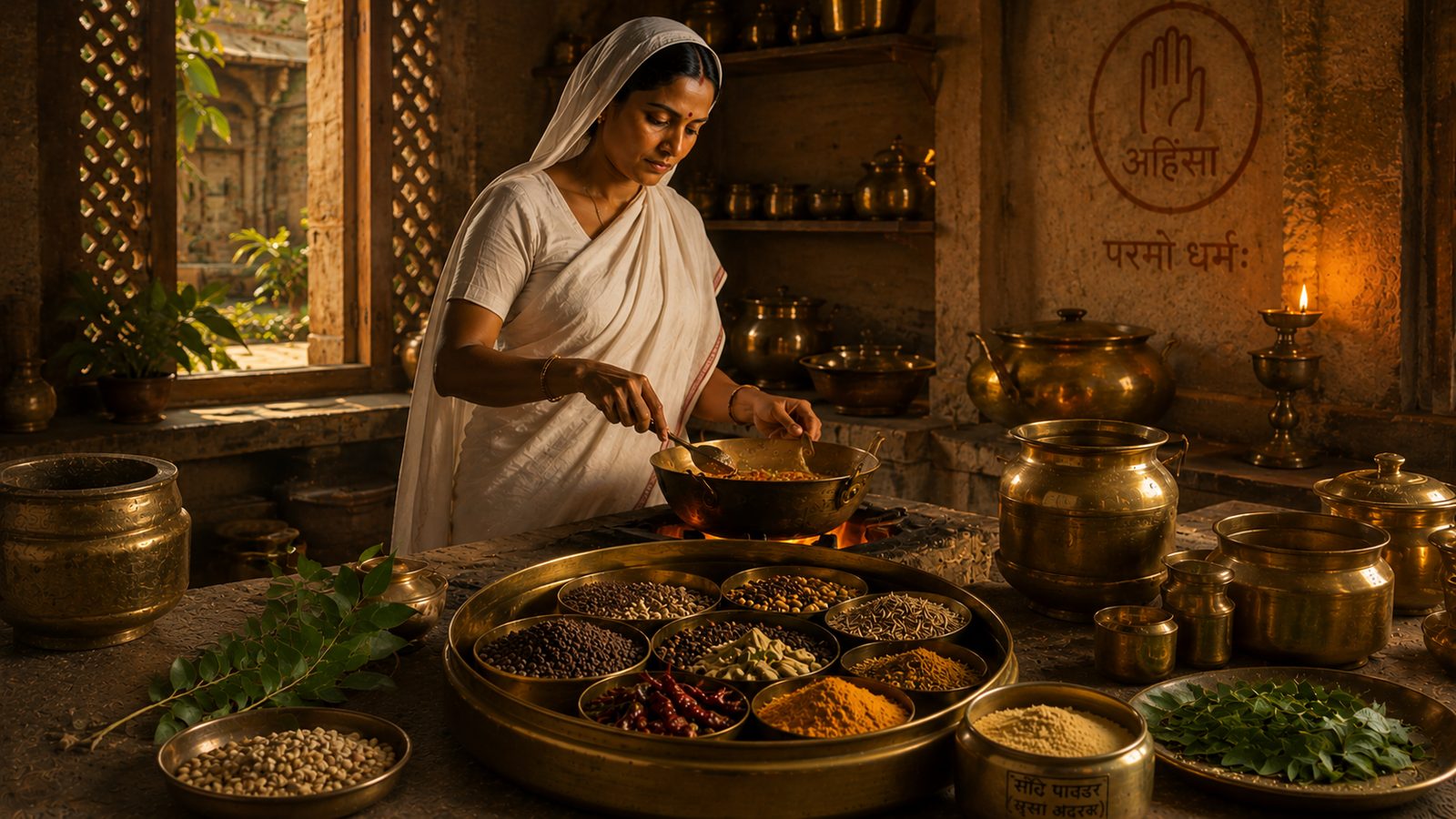 Jain kitchen without onions — sophisticated cooking using hing, ginger, spices, and dairy