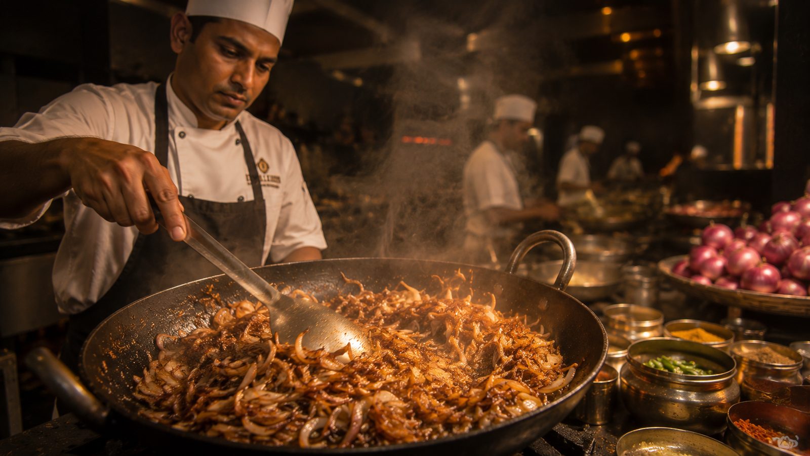 Modern India and onions — the caramelised onion base that defines restaurant Indian cooking worldwide