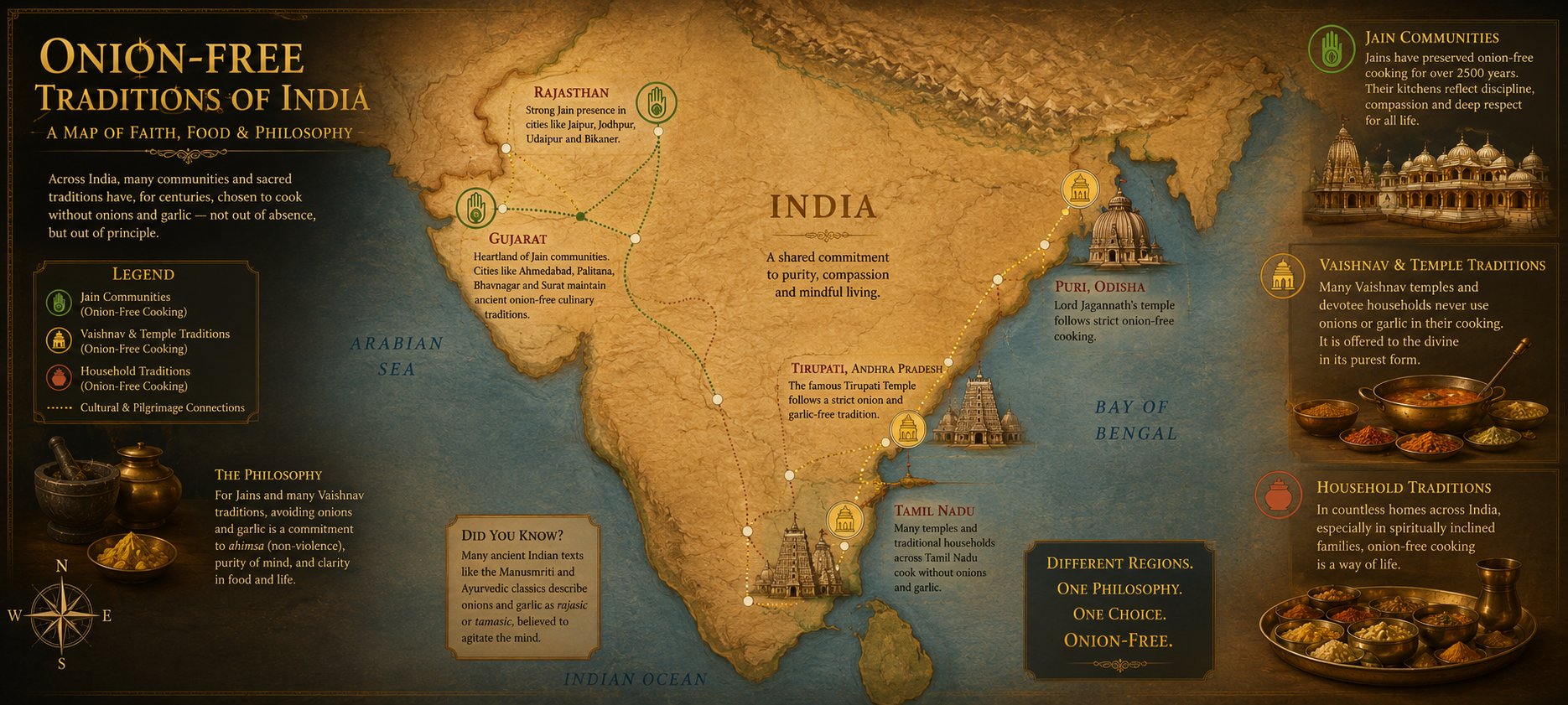 Map of India showing the distribution of onion-free culinary traditions across regions