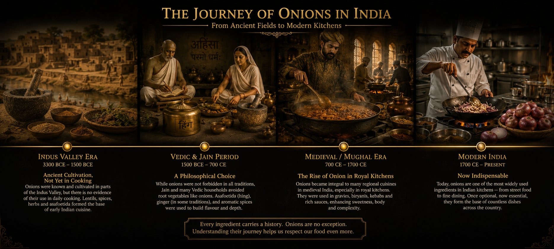 Timeline of onions in Indian cooking — from ancient cultivation to the split between onion-using and onion-free traditions
