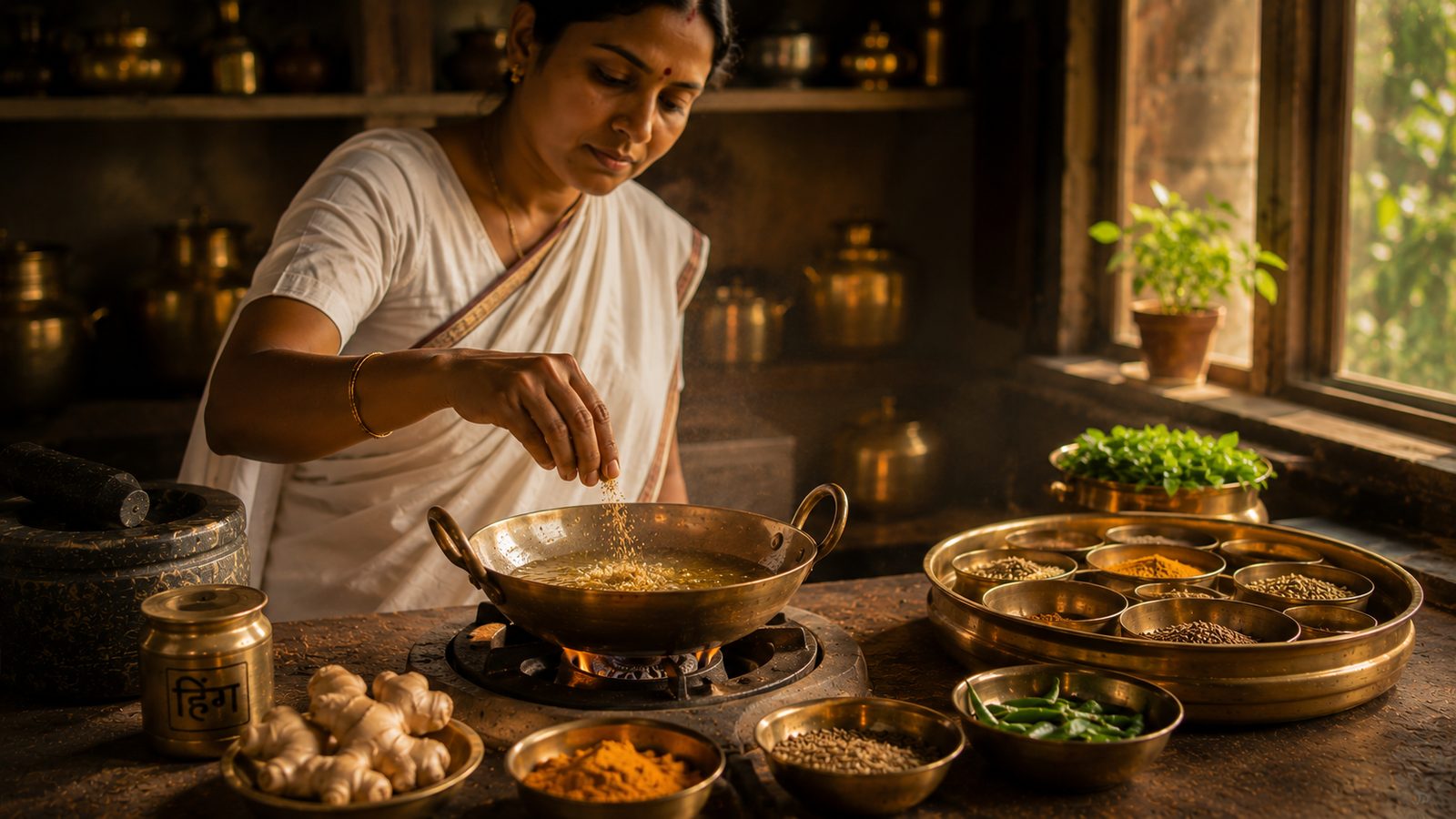 Sattvic kitchen — cooking without garlic or onions using spices, ginger, hing and dairy