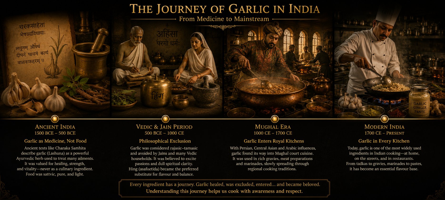 Timeline of garlic in Indian cooking — from ancient cultivation to the split between garlic-using and garlic-free traditions