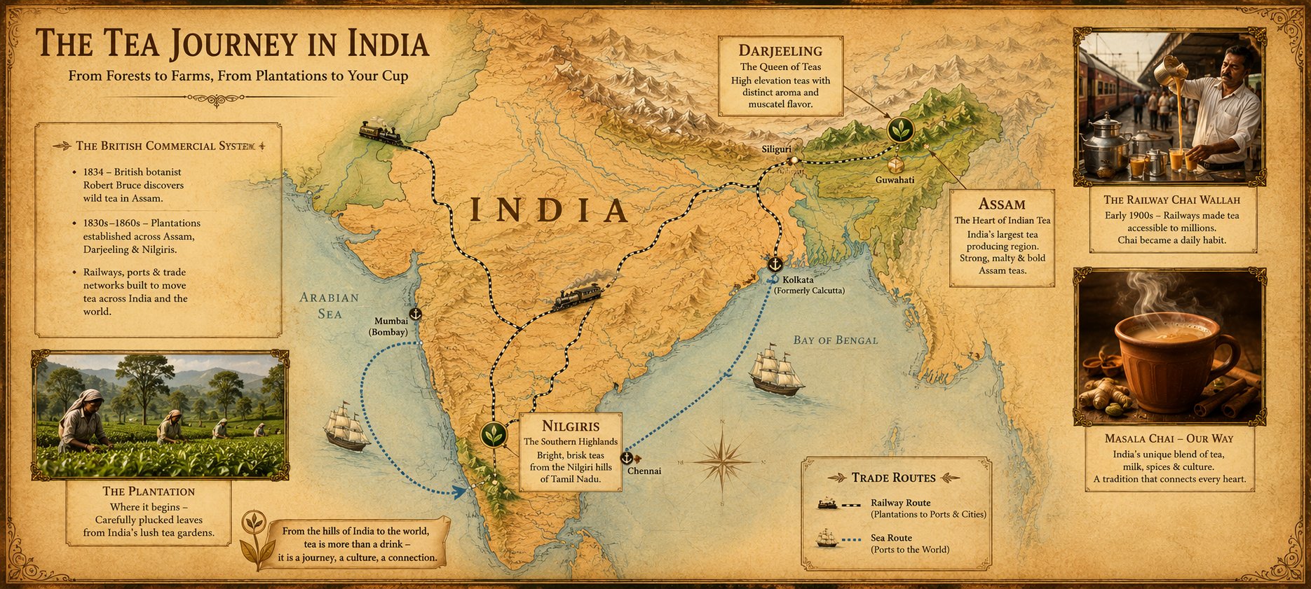 Map of India showing tea cultivation regions and the spread of chai culture from plantation to national beverage
