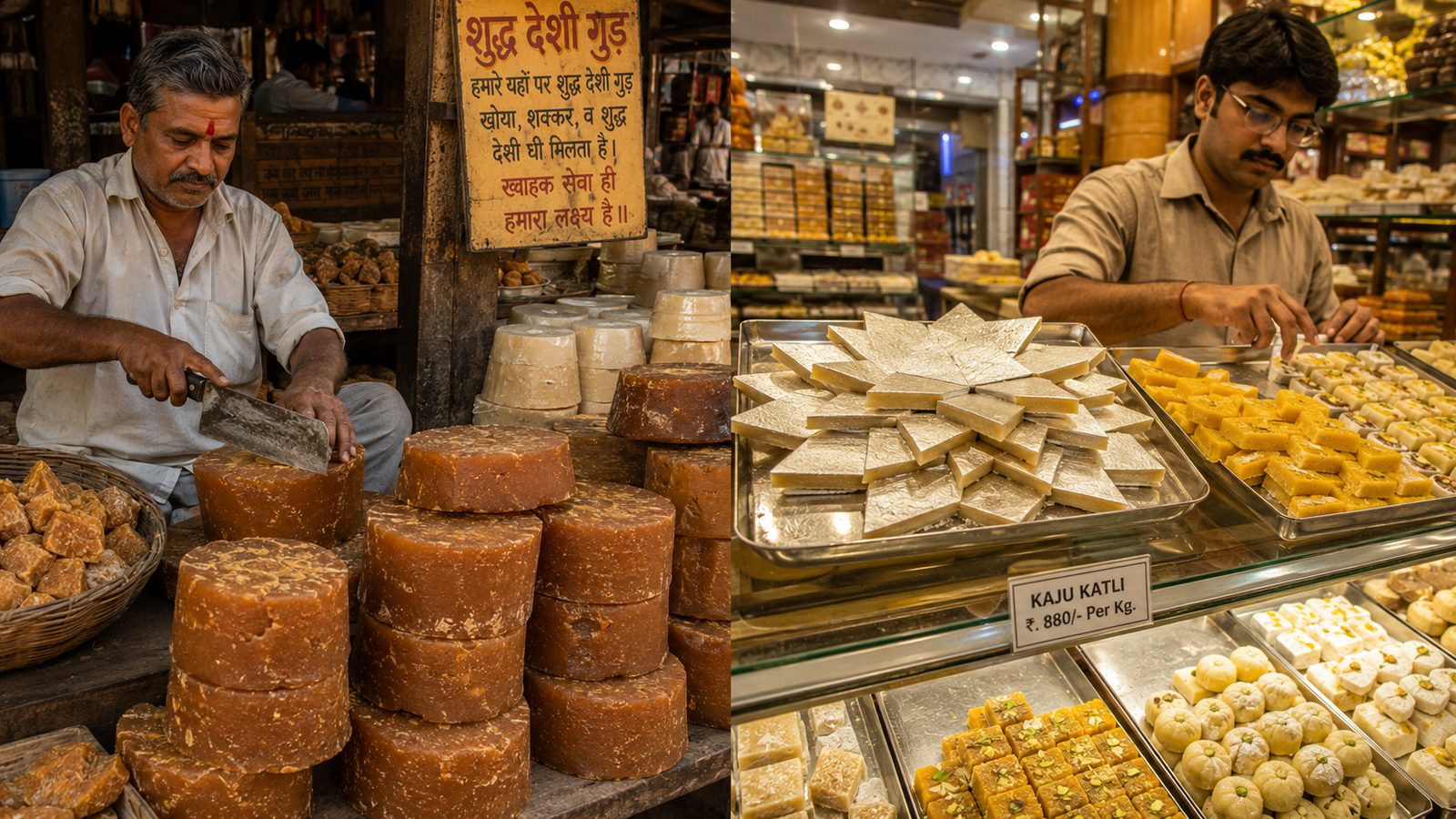 Modern India and sugar — jaggery markets, mithai shops, the ancient and modern sweetener traditions side by side
