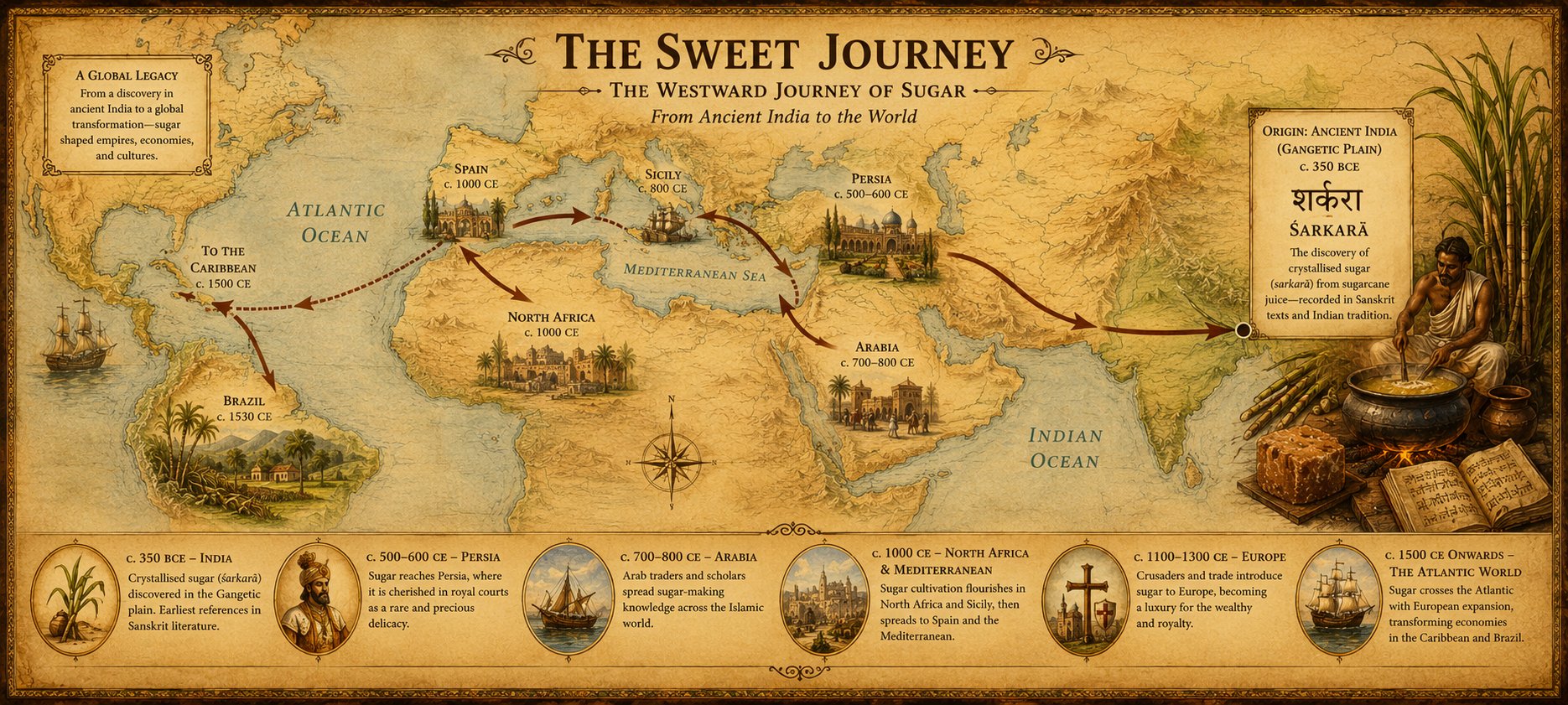 Map showing the sugar route from India to Persia to Arabia to Europe and the Atlantic