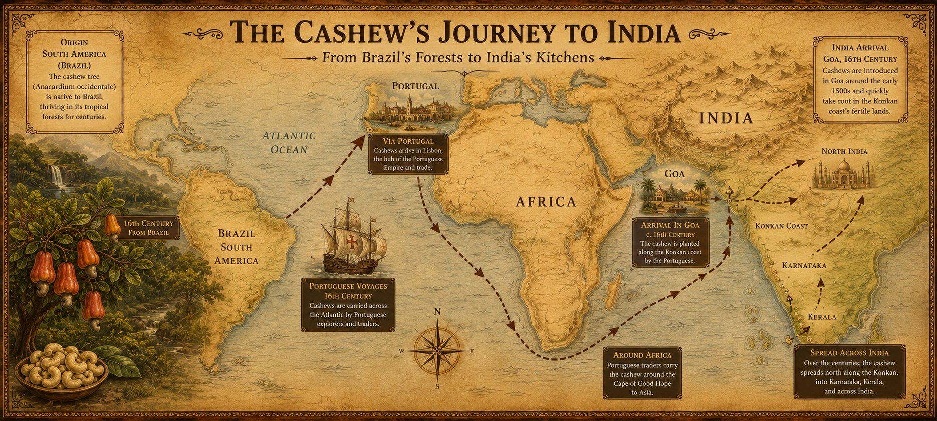 Map showing the cashew's route from Brazil via Portugal to Goa and across India