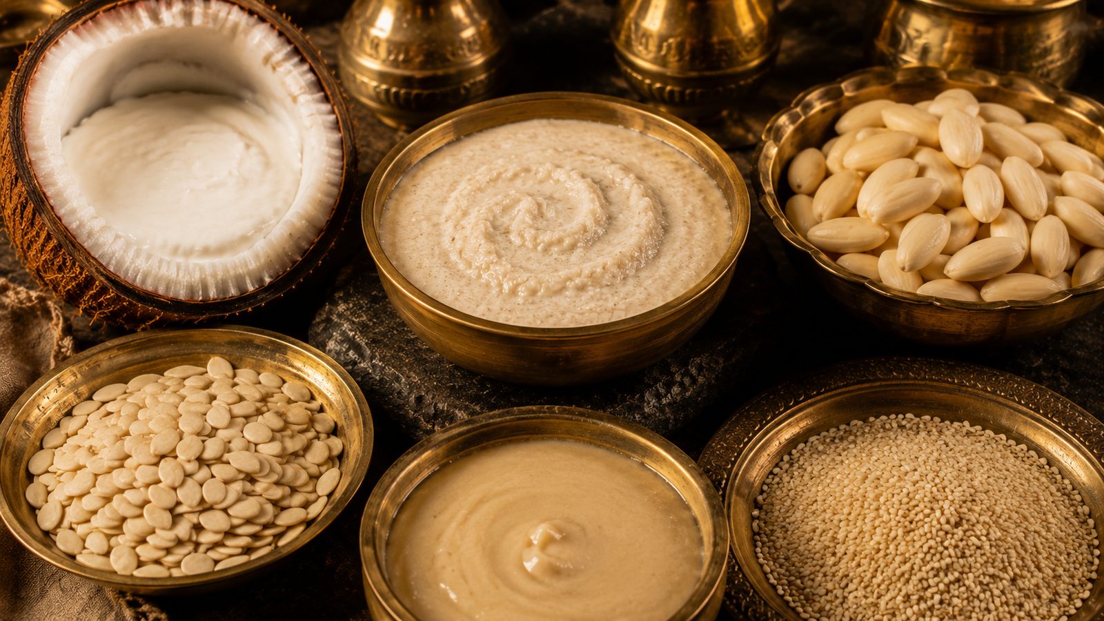 Richening ingredients before cashews — coconut, melon seeds, white poppy seeds, almonds