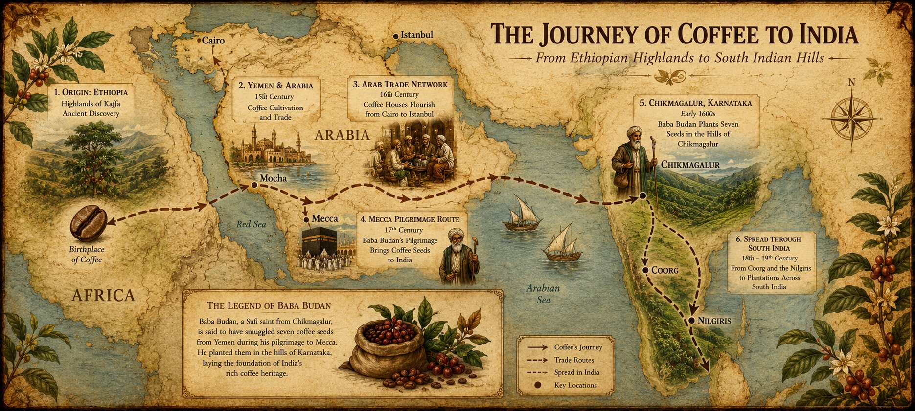 Map showing coffee's route from Ethiopia to Arabia to the Western Ghats and across South India
