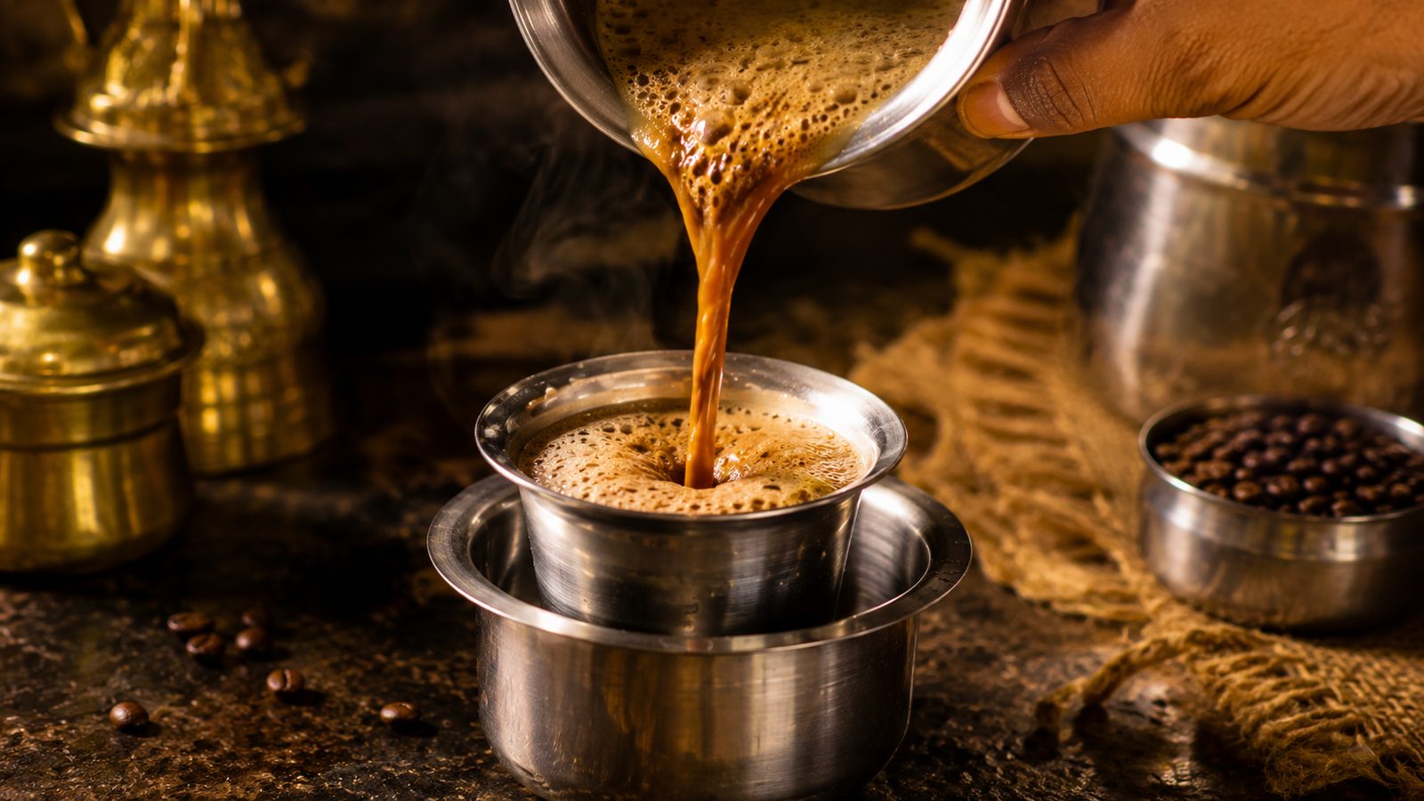 South Indian filter coffee in davara and tumbler — the iconic South Indian coffee ritual