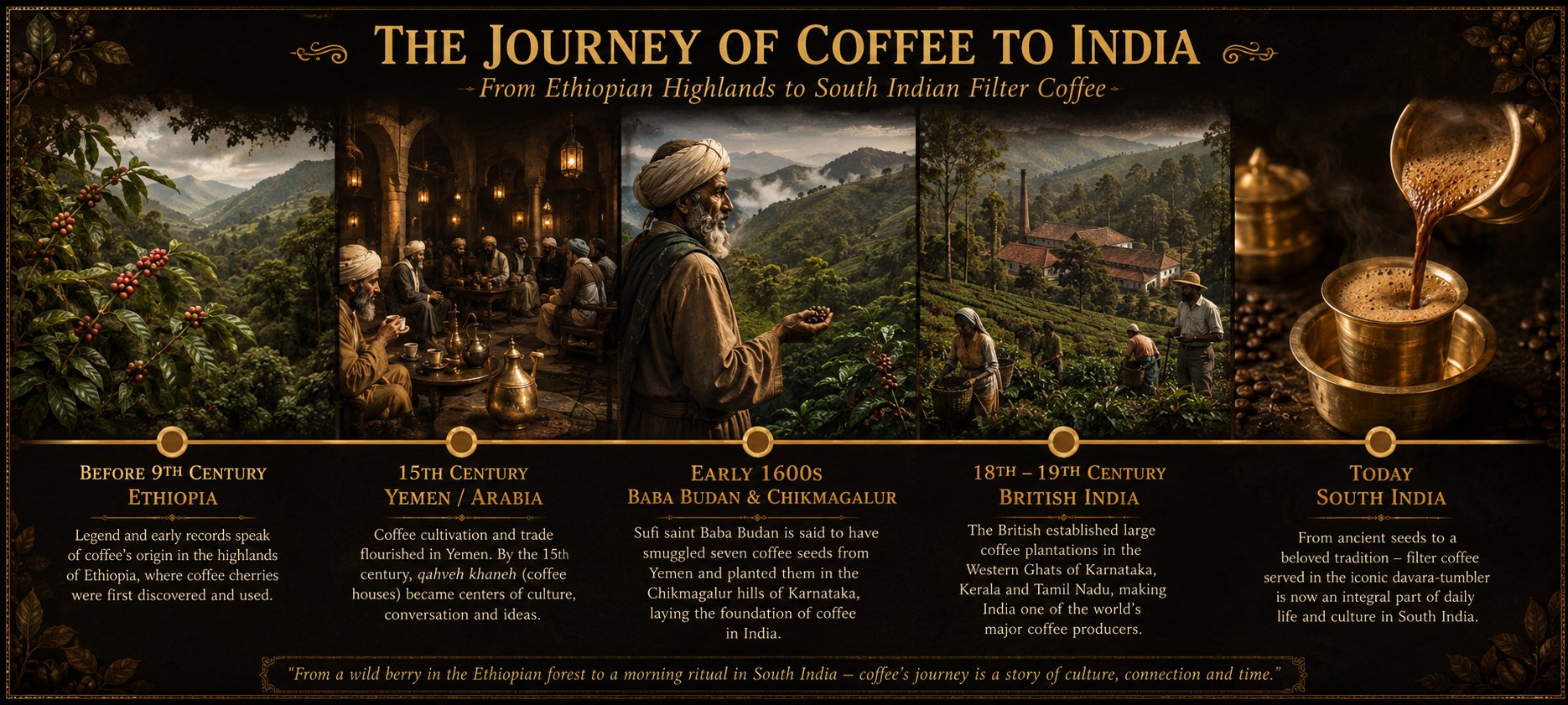 Timeline of coffee from Ethiopia to Arabia to India and the development of South Indian filter coffee culture
