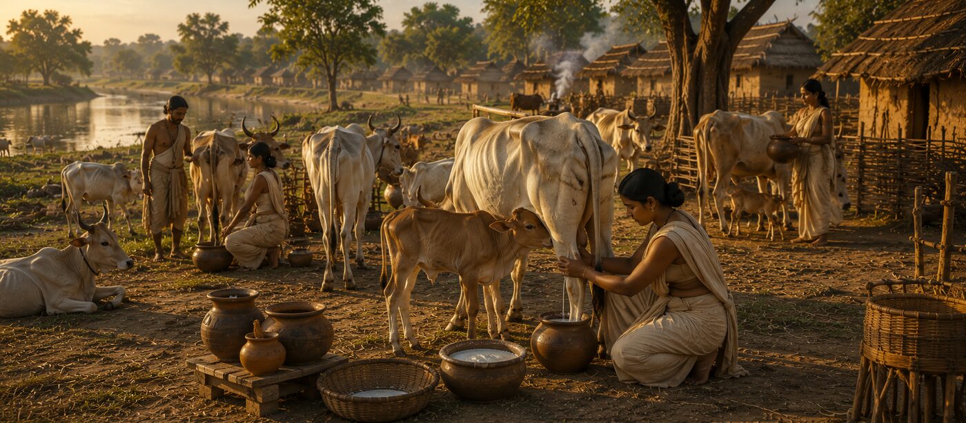 Making ghee from butter in clay pot over fire Vedic India