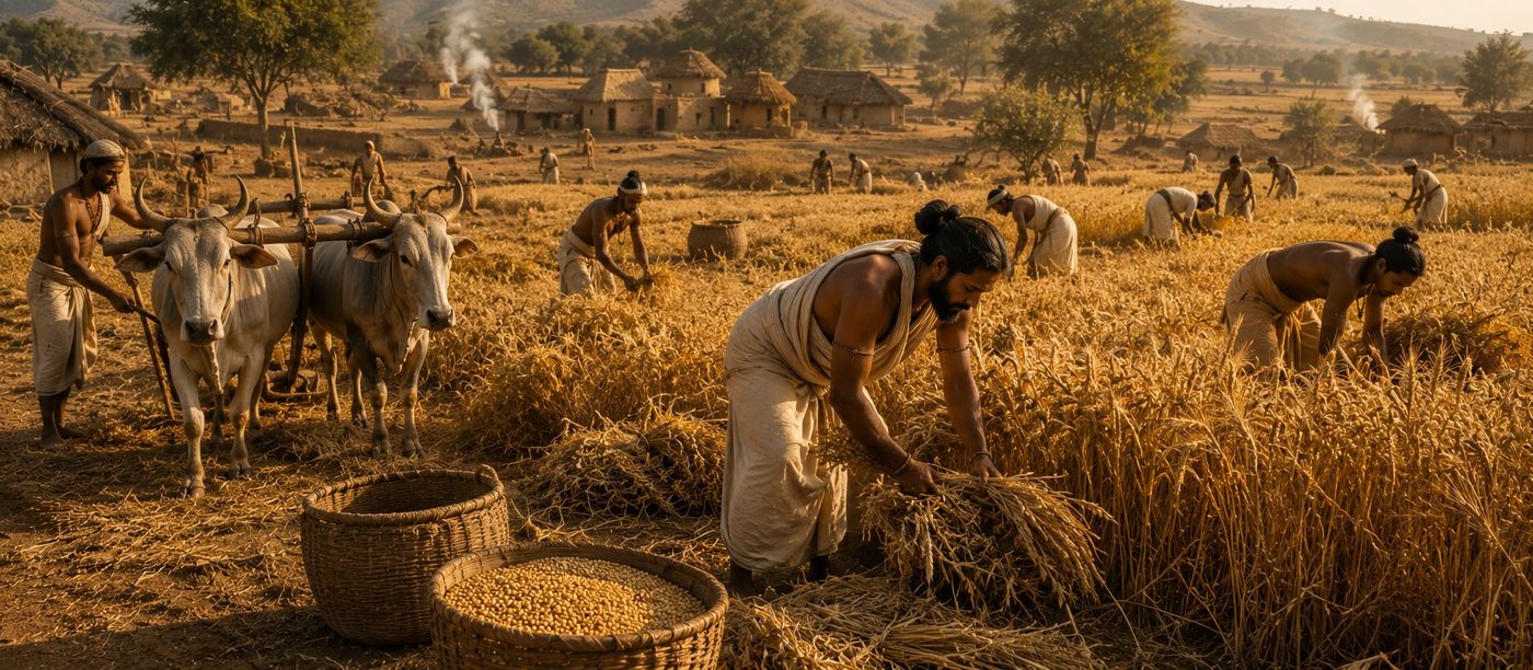 Vedic period barley and grain harvest with village in background