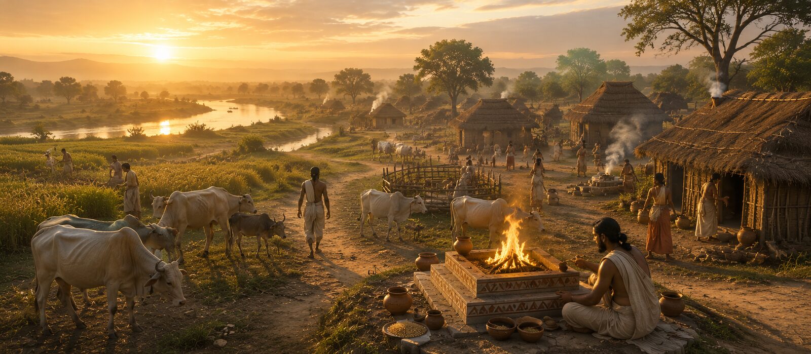 Vedic settlement at sunrise with sacred fire cattle and fields