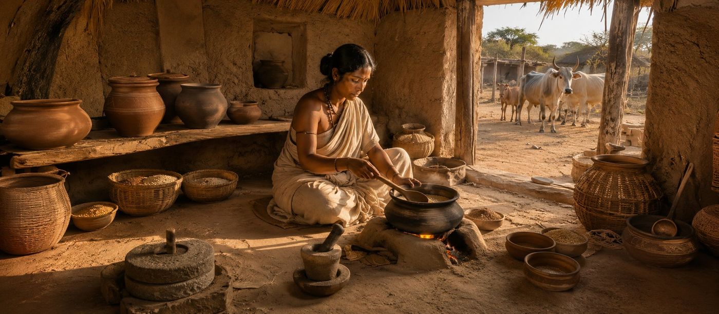 Vedic household morning kitchen churning butter grinding grain cooking fire