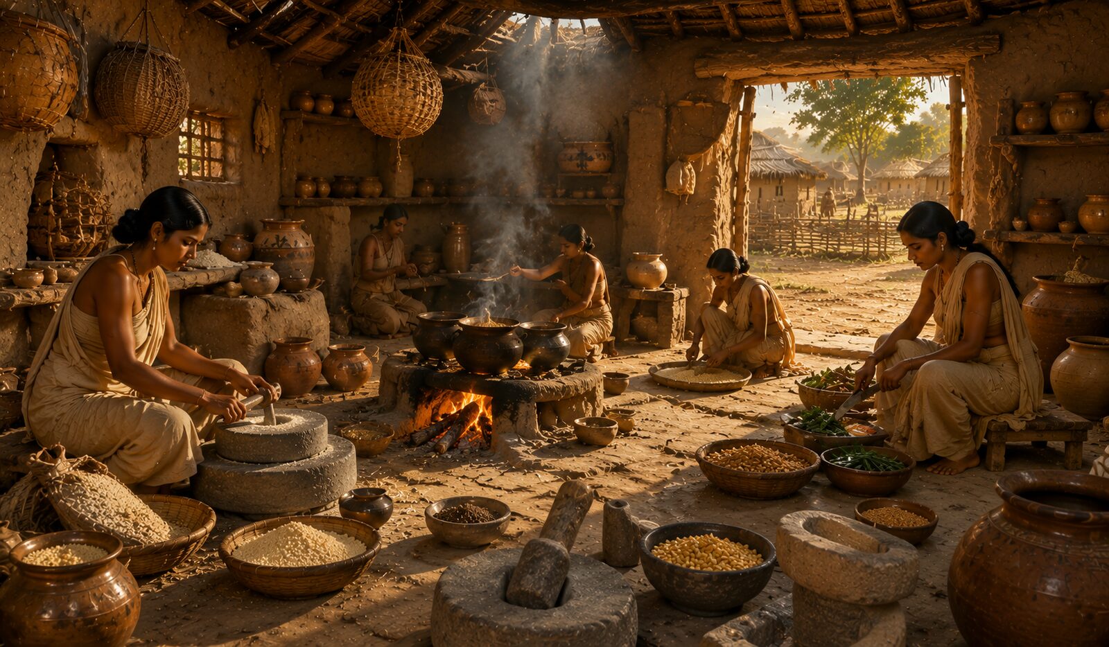 Ancient Indian kitchen with hearth clay vessels and grinding tools