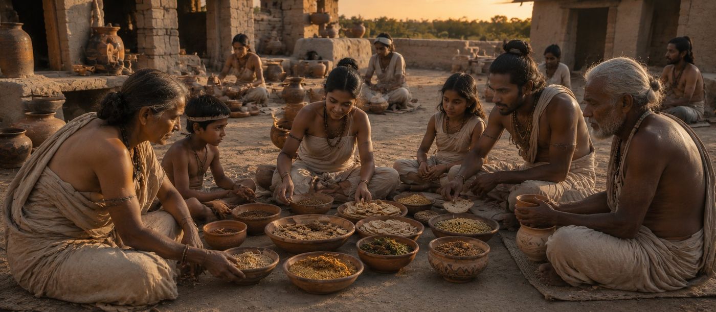 Indus Valley communal meal families eating together outdoors at sunset