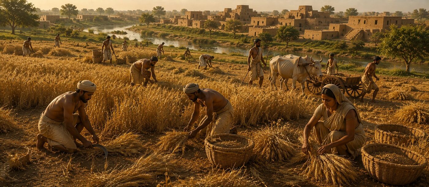 Indus Valley farmers harvesting wheat and barley, city and river in background