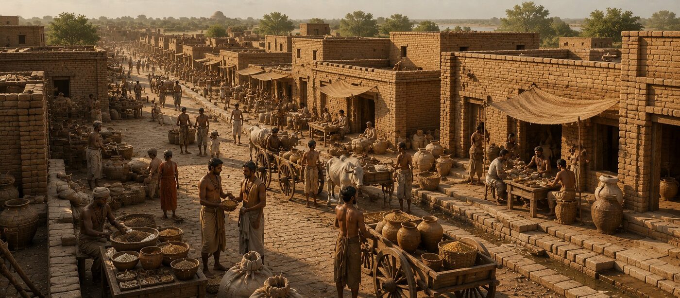 Indus Valley woman grinding grain with cooking fire clay pots and grain baskets