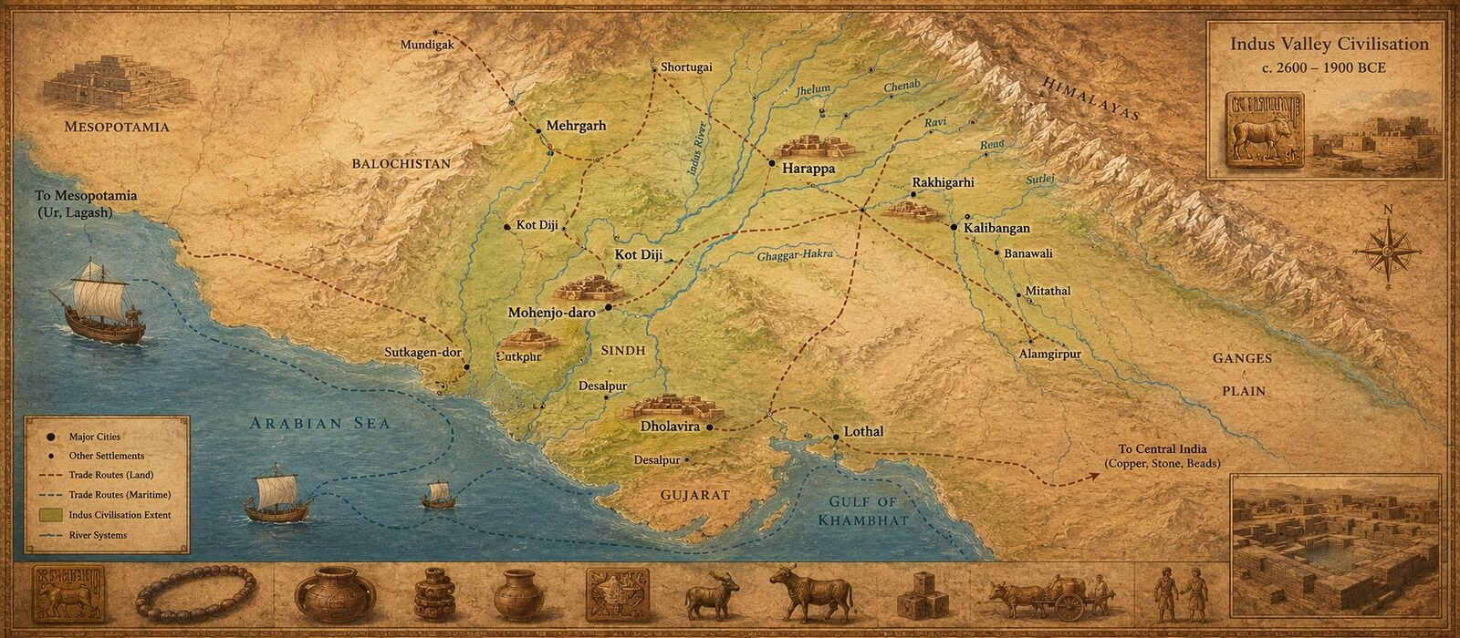 Indus Valley Civilisation map showing Harappa Mohenjo-daro Dholavira Rakhigarhi rivers and trade routes to Mesopotamia