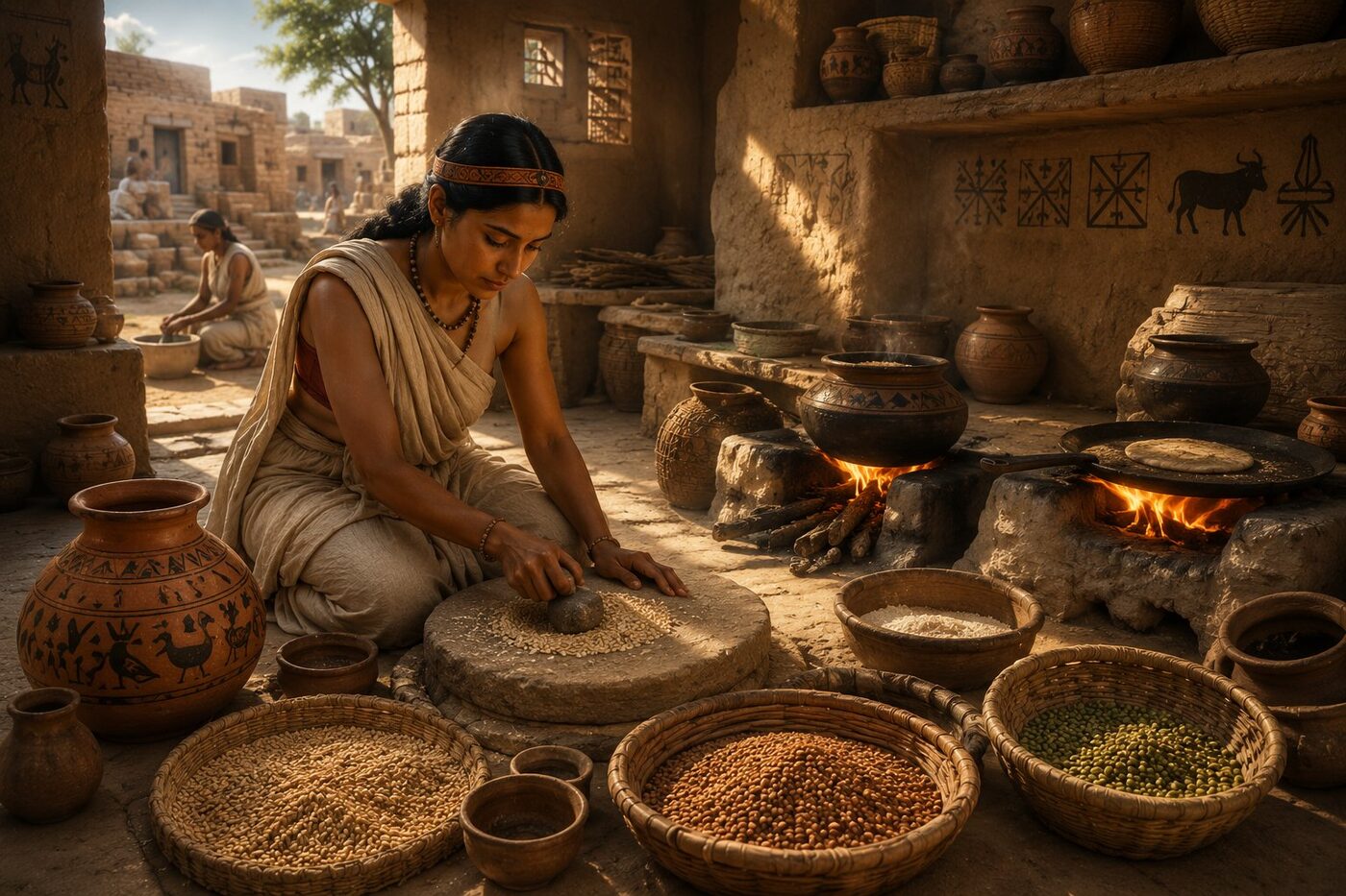 Indus Valley city market street with grain trading merchants and carts