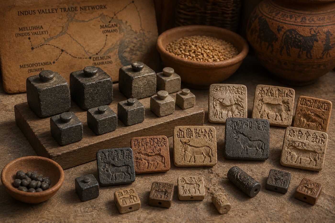 Indus Valley standardised stone weights and trade seals with Mesopotamia trade map
